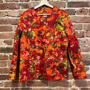 Chico's Floral Button Up Jacket Size 2 Lined Cotton Stretch Statement